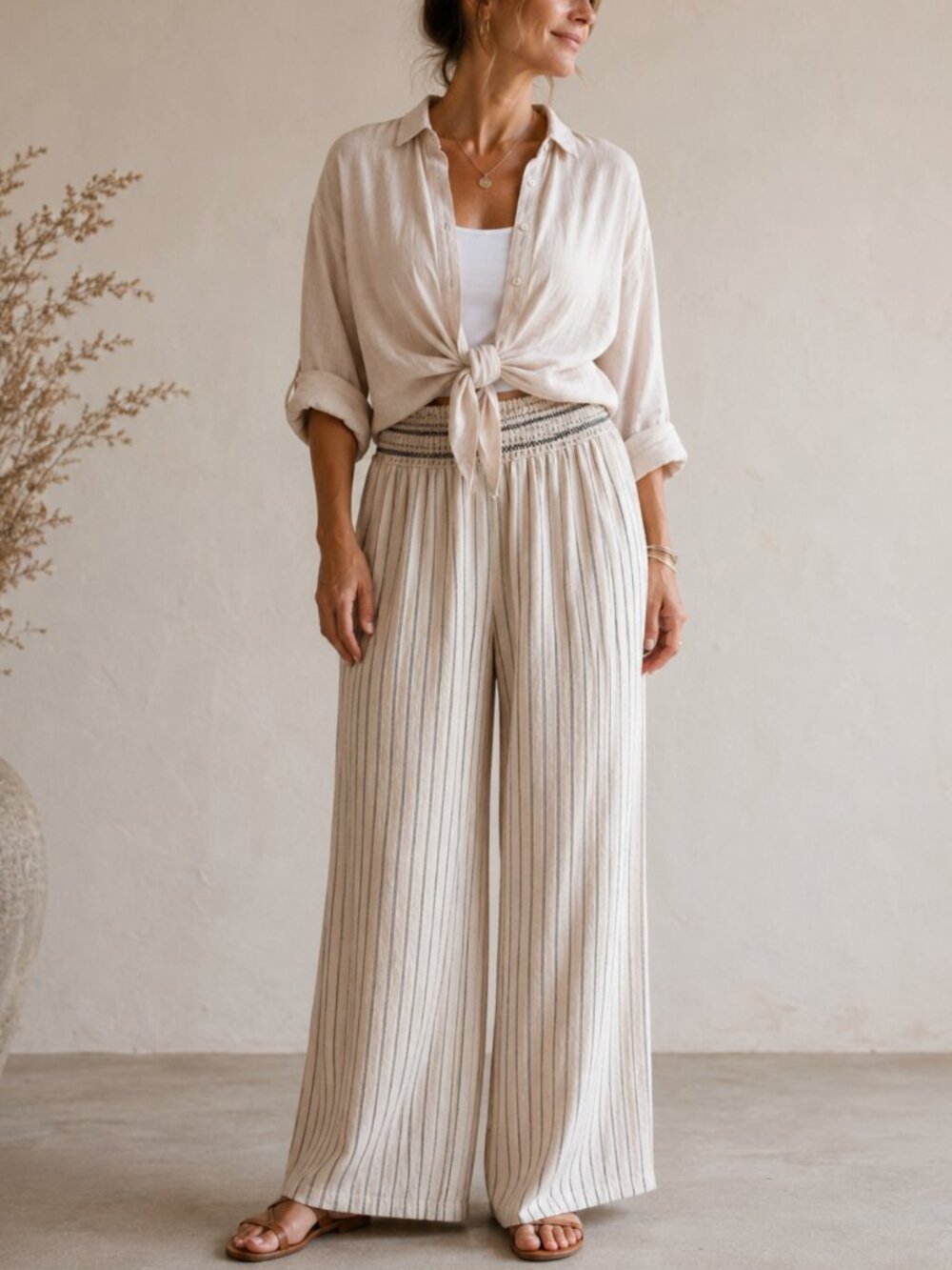 Linen Blend Smocked Waist Wide Leg Pinstripe Palazzo Pants L Oat Black Coastal